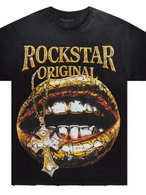 NWT!!! Mens Black Graphic Tee with Gold Lip Print